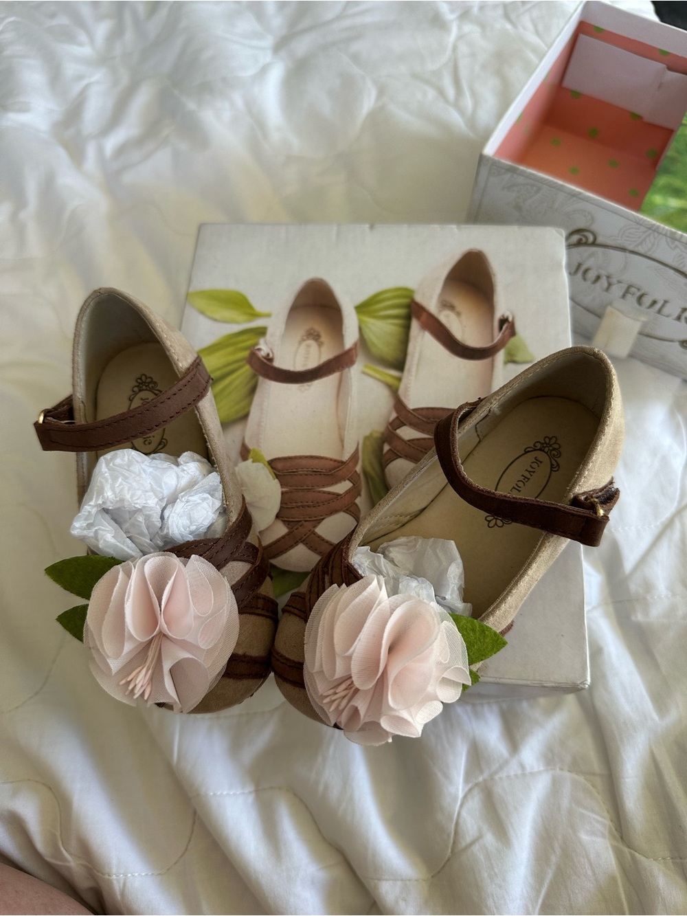 Joyfolie Brown Mary Jane Shoes with Pink Flower Accent